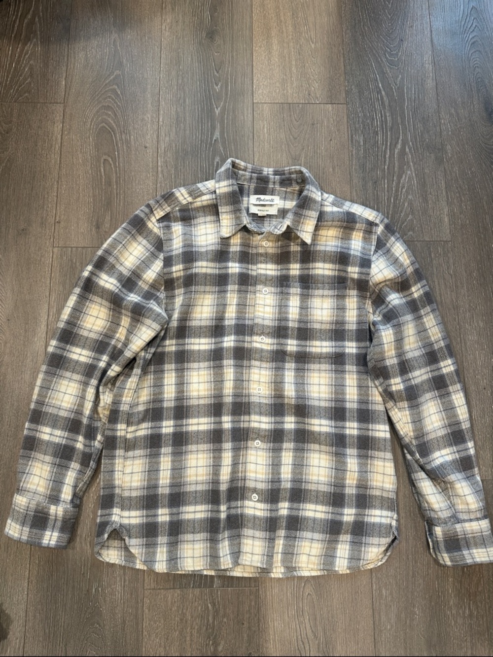 Madewell Neutral Plaid Flannel Shirt in Cream & Gray